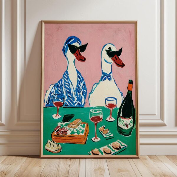 Duck Wine Party Art Print, Quirky Animal Poster (1)